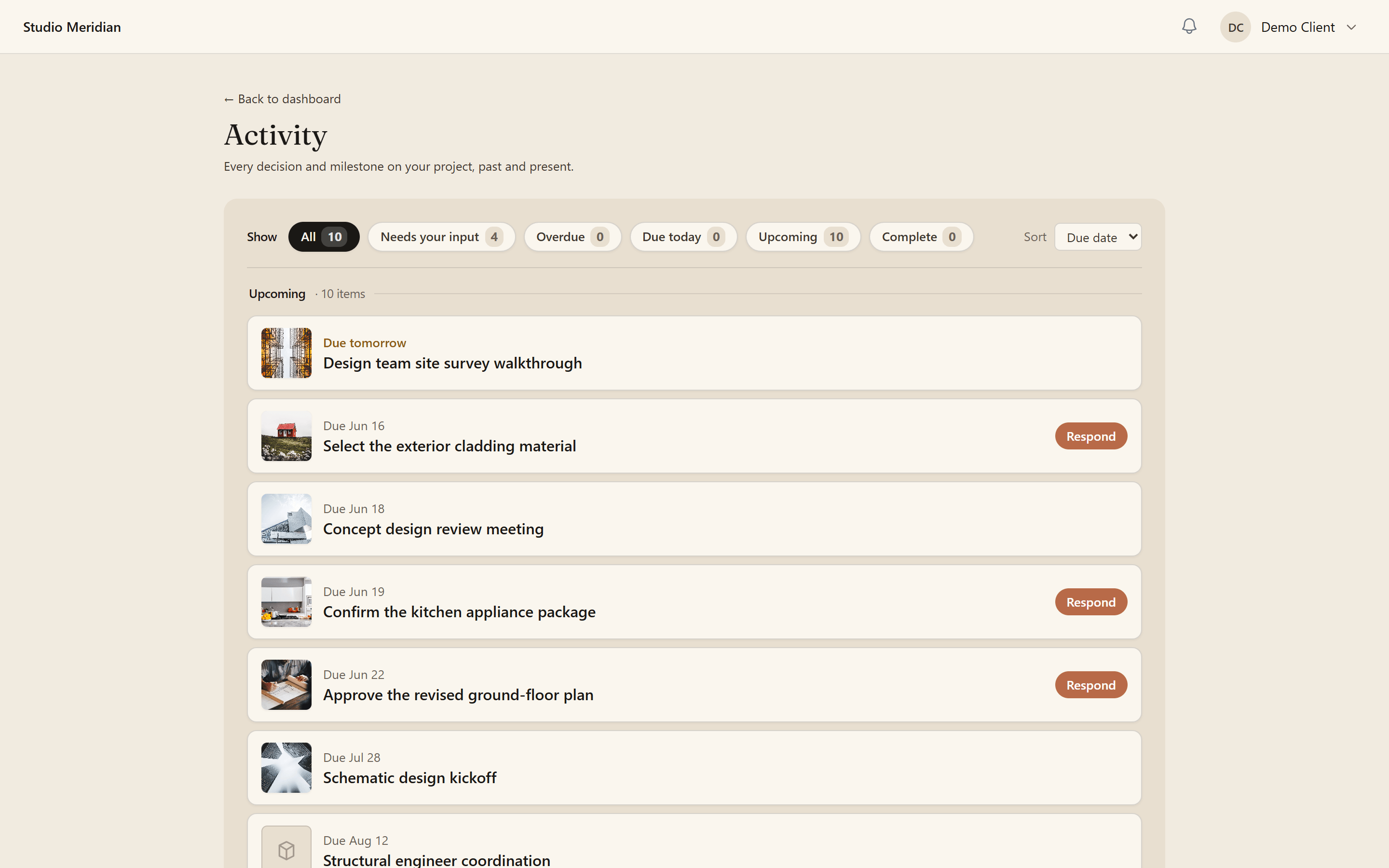 The project activity list